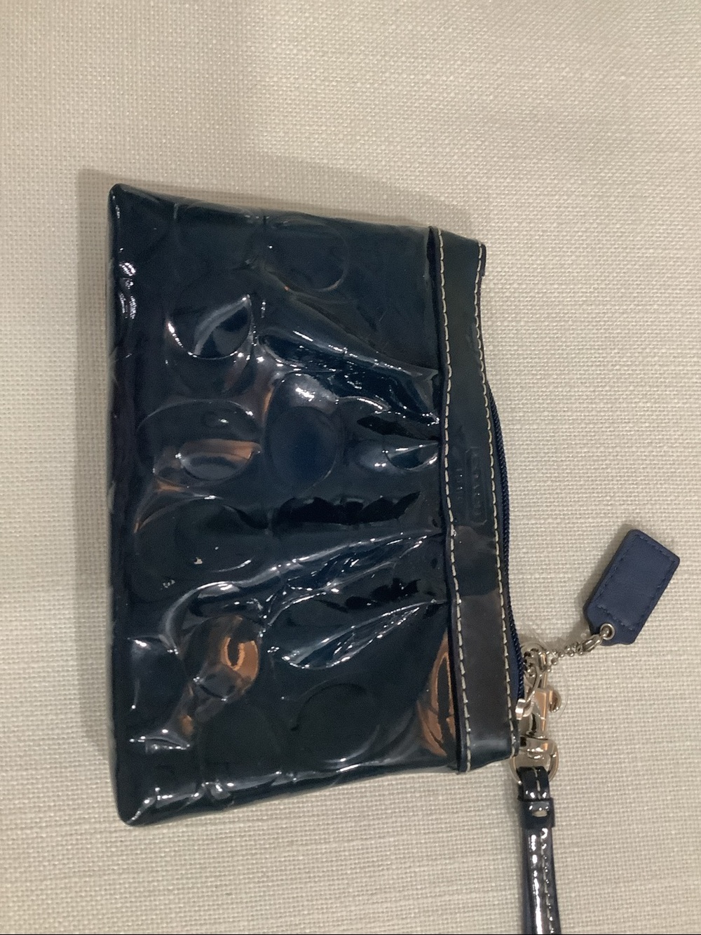 Coach Navy Patent Signature Wristlet Clutch Embossed C Logo